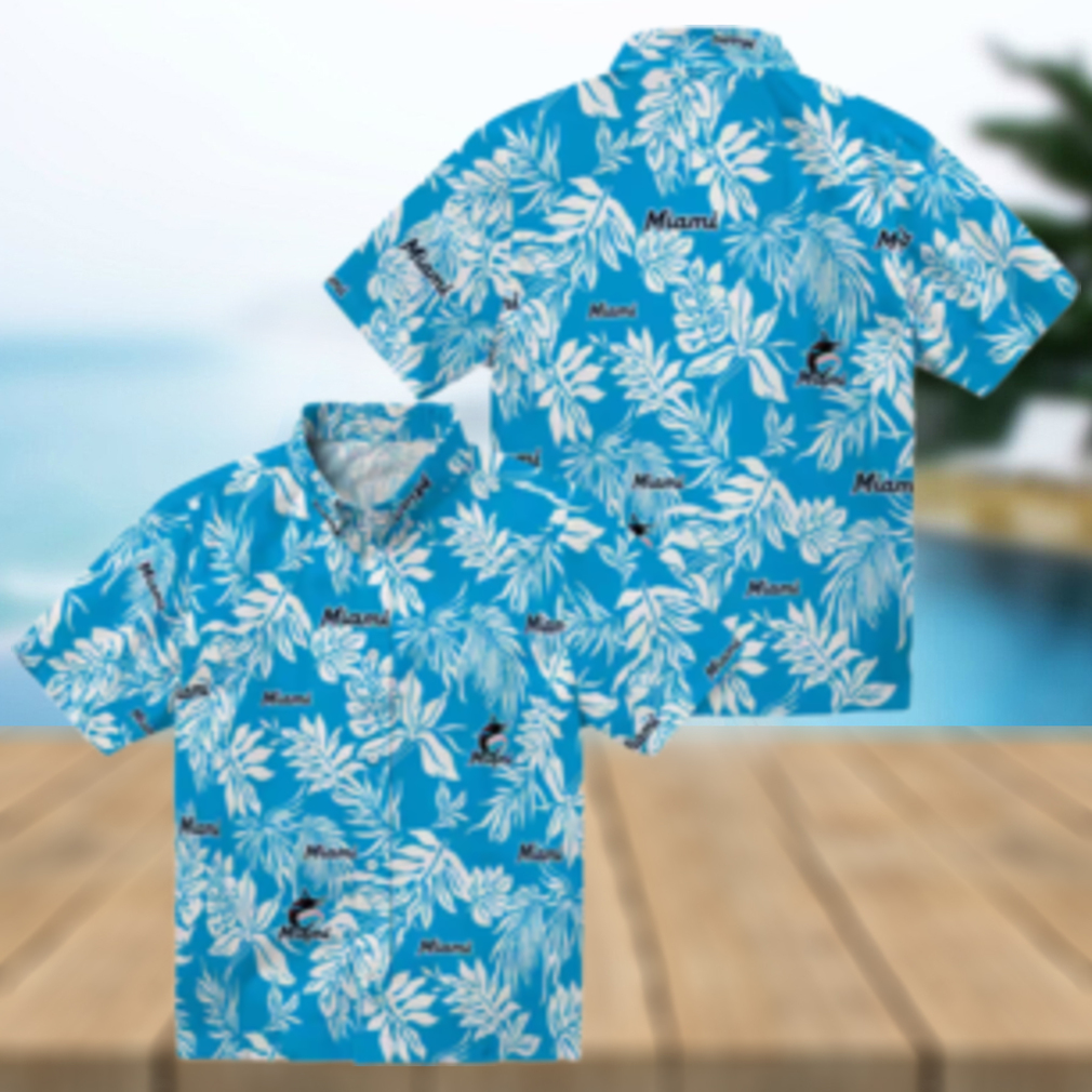 MLB Miami Marlins Leaf Print Aloha Shirt Blue White Vacation Style MLB Miami Marlins Leaf Print Aloha Shirt Blue White Vacation Style