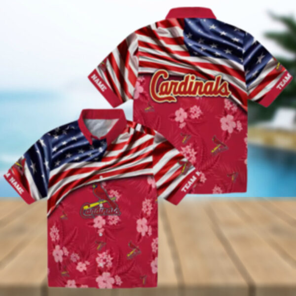 MLB St. Louis Cardinals Floral Hawaiian Shirt   Red Hibiscus & American Flag Style