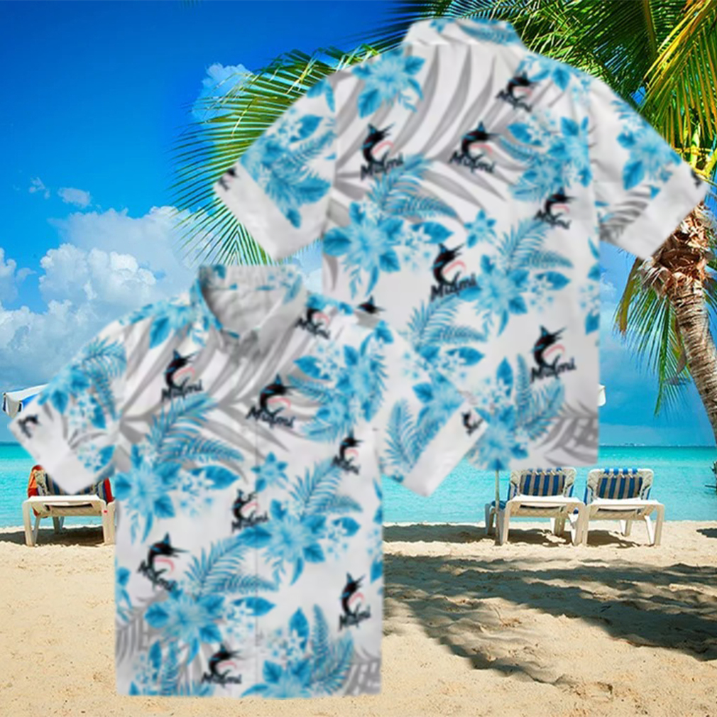 Men's Miami Marlins Blue White Floral Beach Shirt Hibiscus Palm Summer Fan Favorite Men's Miami Marlins Blue White Floral Beach Shirt Hibiscus Palm Summer Fan Favorite