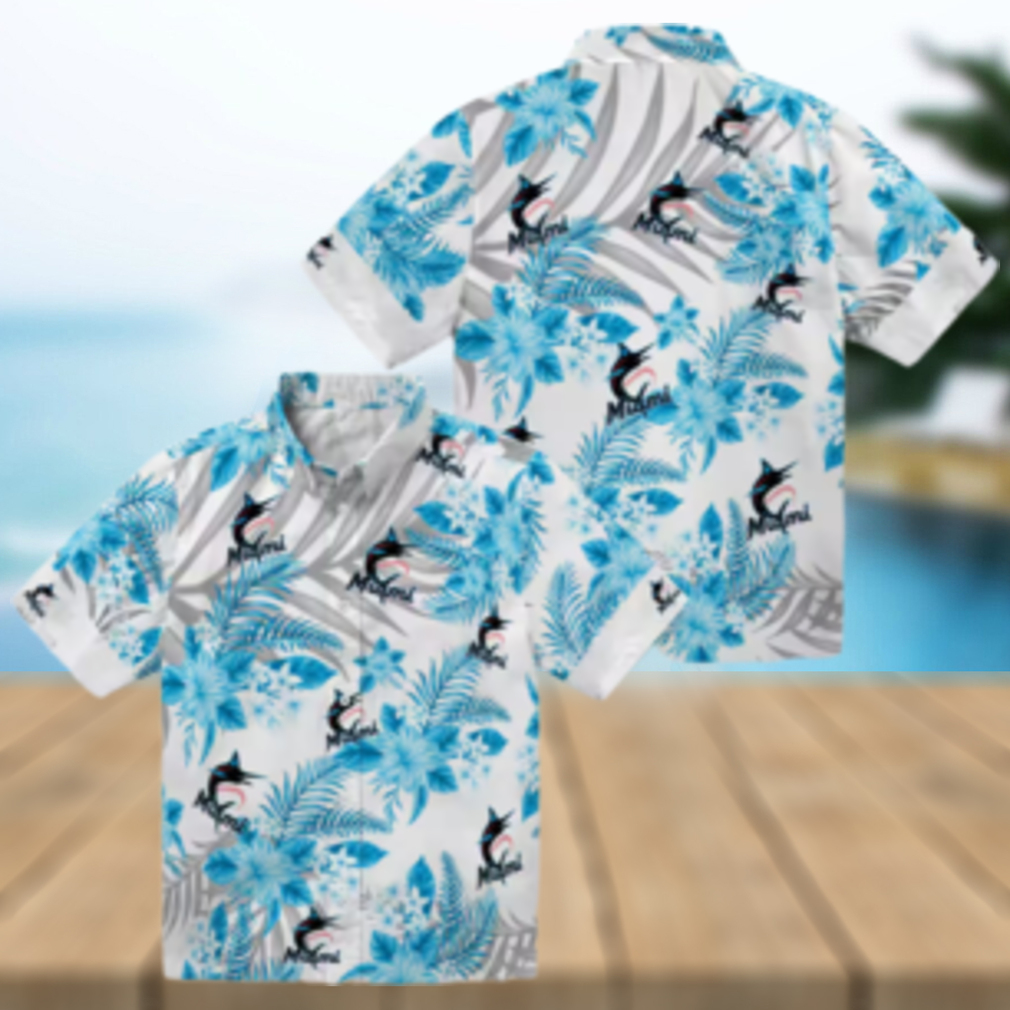 Men's Miami Marlins Blue White Floral Beach Shirt Hibiscus Palm Summer Fan Favorite Men's Miami Marlins Blue White Floral Beach Shirt Hibiscus Palm Summer Fan Favorite