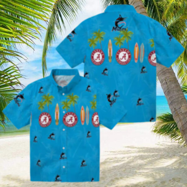 Men’s Miami Marlins Surfboard Palm Blue Hawaiian Shirt   Perfect for Summer & Beach Days
