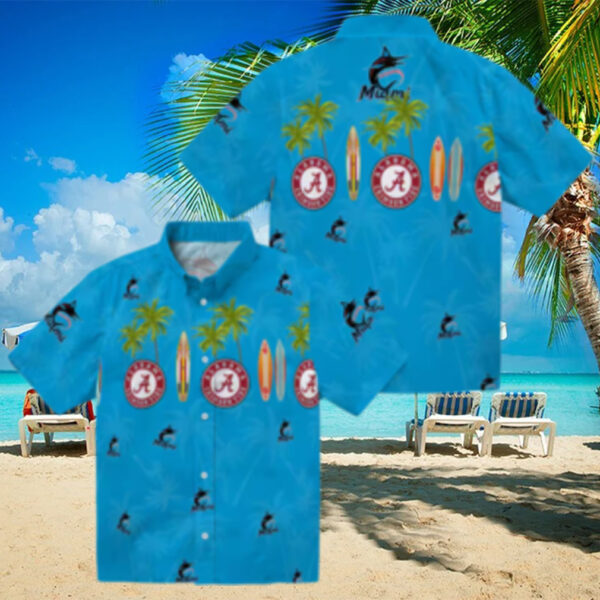 Men’s Miami Marlins Surfboard Palm Blue Hawaiian Shirt   Perfect for Summer & Beach Days