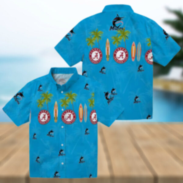 Men’s Miami Marlins Surfboard Palm Blue Hawaiian Shirt   Perfect for Summer & Beach Days