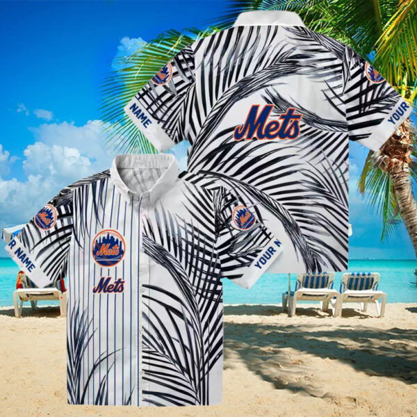 Men’s New York Mets Hawaiian Shirt   MLB Blue Black Palm Stripes for Vacation & Game Day