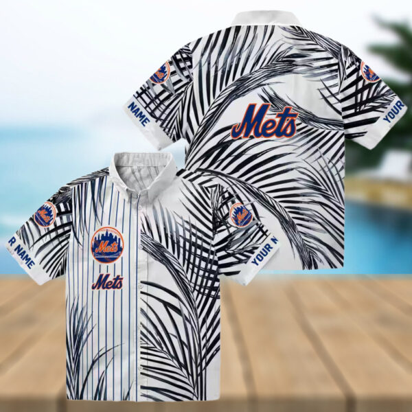 Men’s New York Mets Hawaiian Shirt   MLB Blue Black Palm Stripes for Vacation & Game Day
