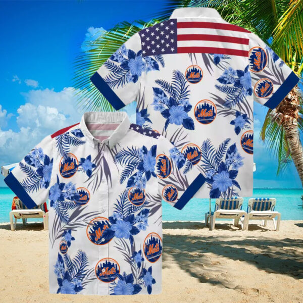 Men’s New York Mets Hibiscus Hawaiian Shirt   Patriotic Floral Blue White MLB Summer Shirt