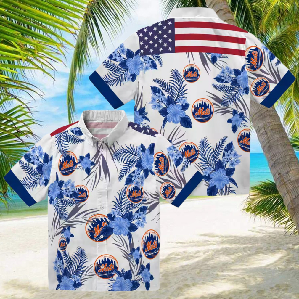 Men's New York Mets Hibiscus Hawaiian Shirt Patriotic Floral Blue White MLB Summer Shirt Men's New York Mets Hibiscus Hawaiian Shirt Patriotic Floral Blue White MLB Summer Shirt