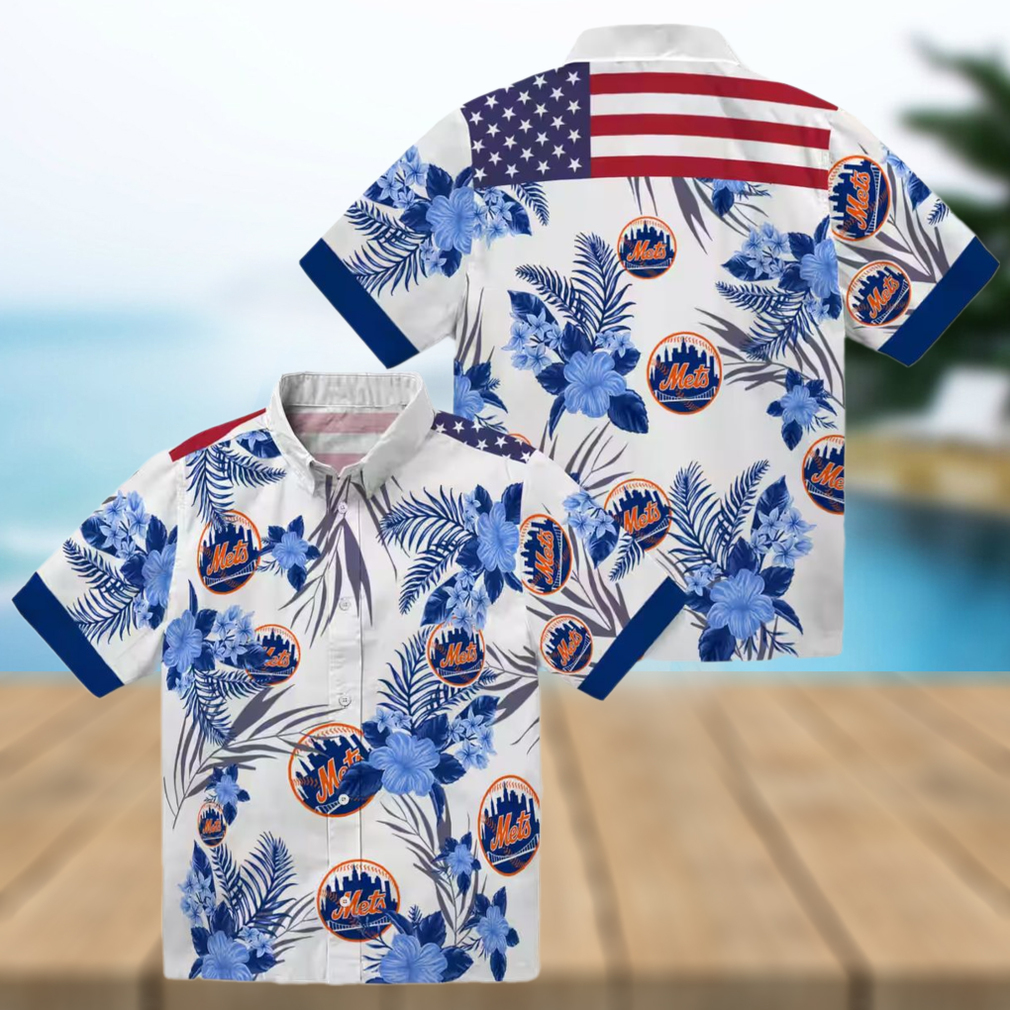 Men's New York Mets Hibiscus Hawaiian Shirt Patriotic Floral Blue White MLB Summer Shirt Men's New York Mets Hibiscus Hawaiian Shirt Patriotic Floral Blue White MLB Summer Shirt