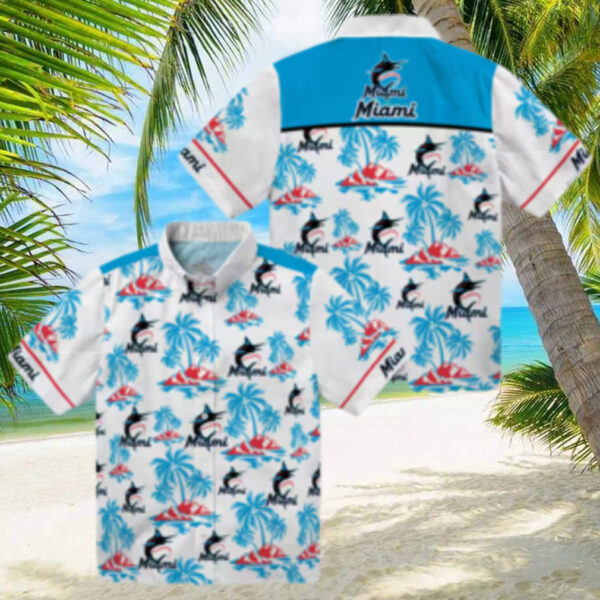 Miami Marlins Blue and White Aloha Shirt   Palm Island Hawaiian Print MLB Shirt for Summer