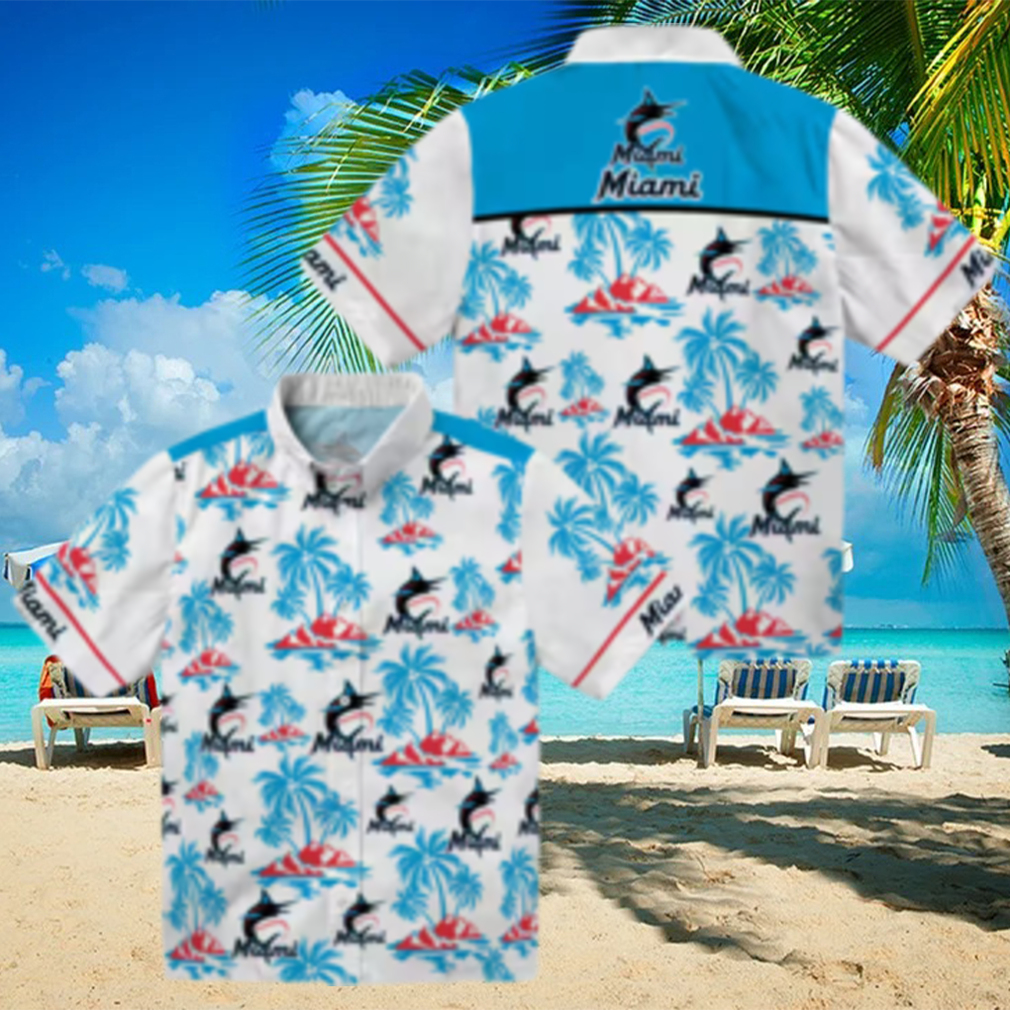 Miami Marlins Blue and White Aloha Shirt Palm Island Hawaiian Print MLB Shirt for Summer Miami Marlins Blue and White Aloha Shirt Palm Island Hawaiian Print MLB Shirt for Summer