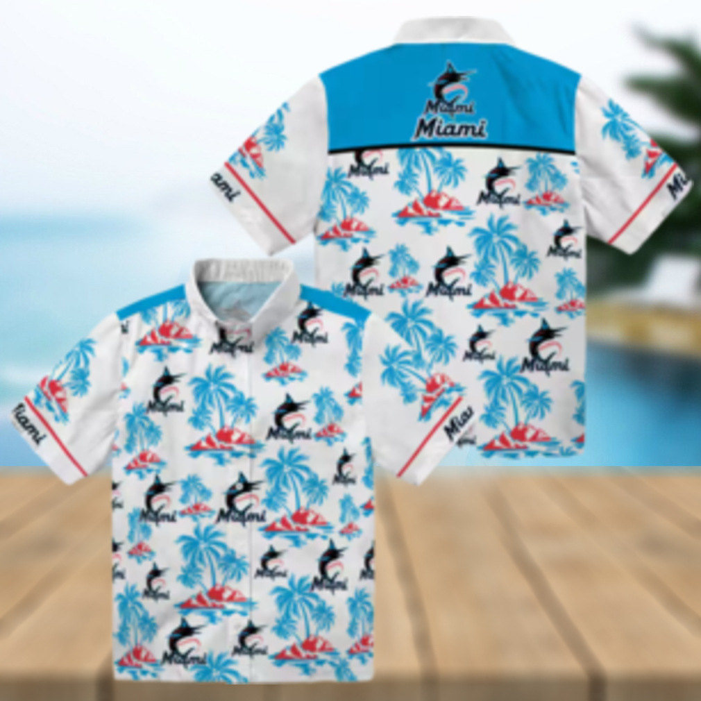 Miami Marlins Blue and White Aloha Shirt Palm Island Hawaiian Print MLB Shirt for Summer Miami Marlins Blue and White Aloha Shirt Palm Island Hawaiian Print MLB Shirt for Summer