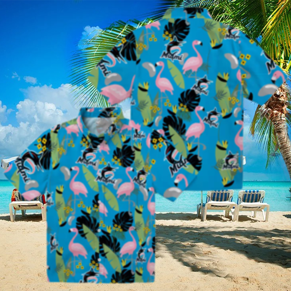 Miami Marlins Floral Hawaiian Shirt Blue Flamingo Summer Game Day Outfit Miami Marlins Floral Hawaiian Shirt Blue Flamingo Summer Game Day Outfit