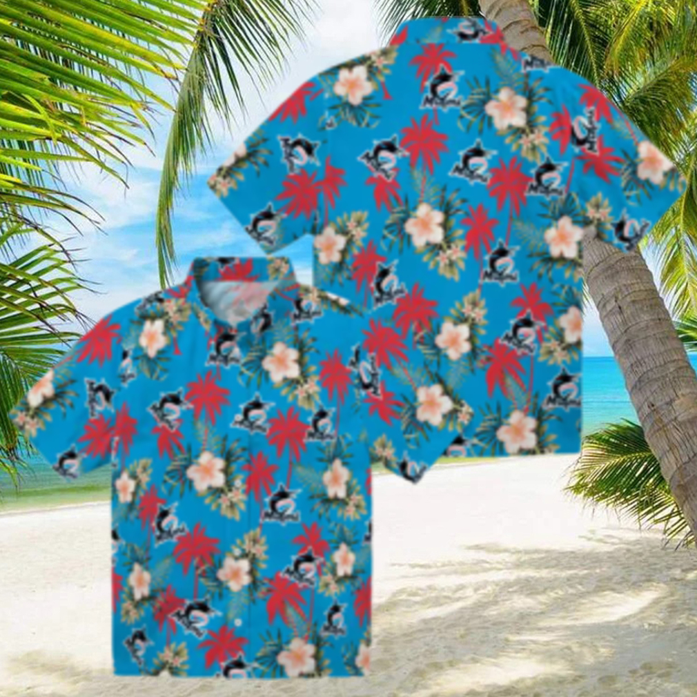 Miami Marlins Hawaiian Shirt for Men Blue Palm Tree Flower Design, Perfect for Summer BBQ Miami Marlins Hawaiian Shirt for Men Blue Palm Tree Flower Design, Perfect for Summer BBQ