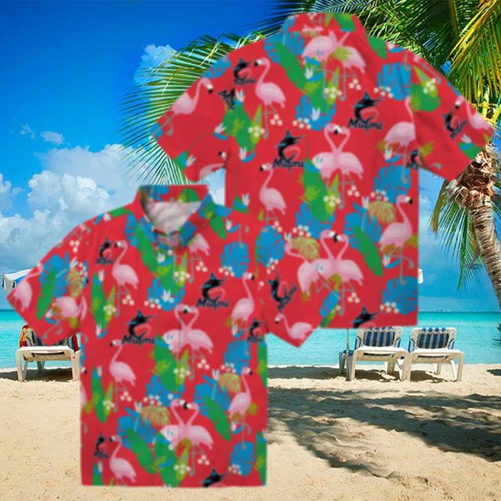 Miami Marlins MLB Hawaiian Shirt Blue Green Foliage & Flamingo Vacation Look Miami Marlins MLB Hawaiian Shirt Blue Green Foliage & Flamingo Vacation Look