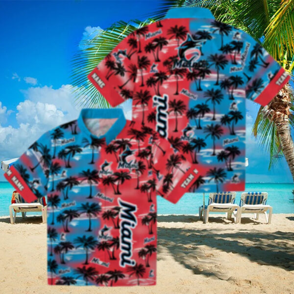 Miami Marlins Tropical Aloha Hawaiian Shirt   Palm Silhouette Summer Fan Gift