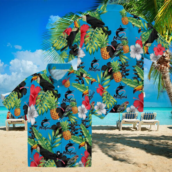 Miami Marlins Tropical Button Up Shirt   Toucan & Pineapple Aloha Style for Summer Trips