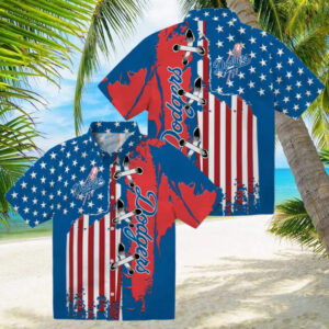 Los Angeles Dodgers Hawaiian Short Sleeve Shirt Blue Flag Print for Baseball Fans