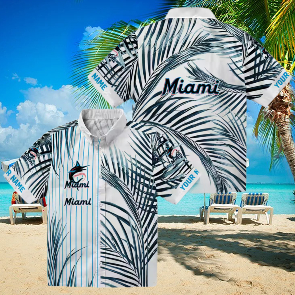Official Miami Marlins MLB Hawaiian Shirt Tropical Blue Black Stripes Official Miami Marlins MLB Hawaiian Shirt Tropical Blue Black Stripes