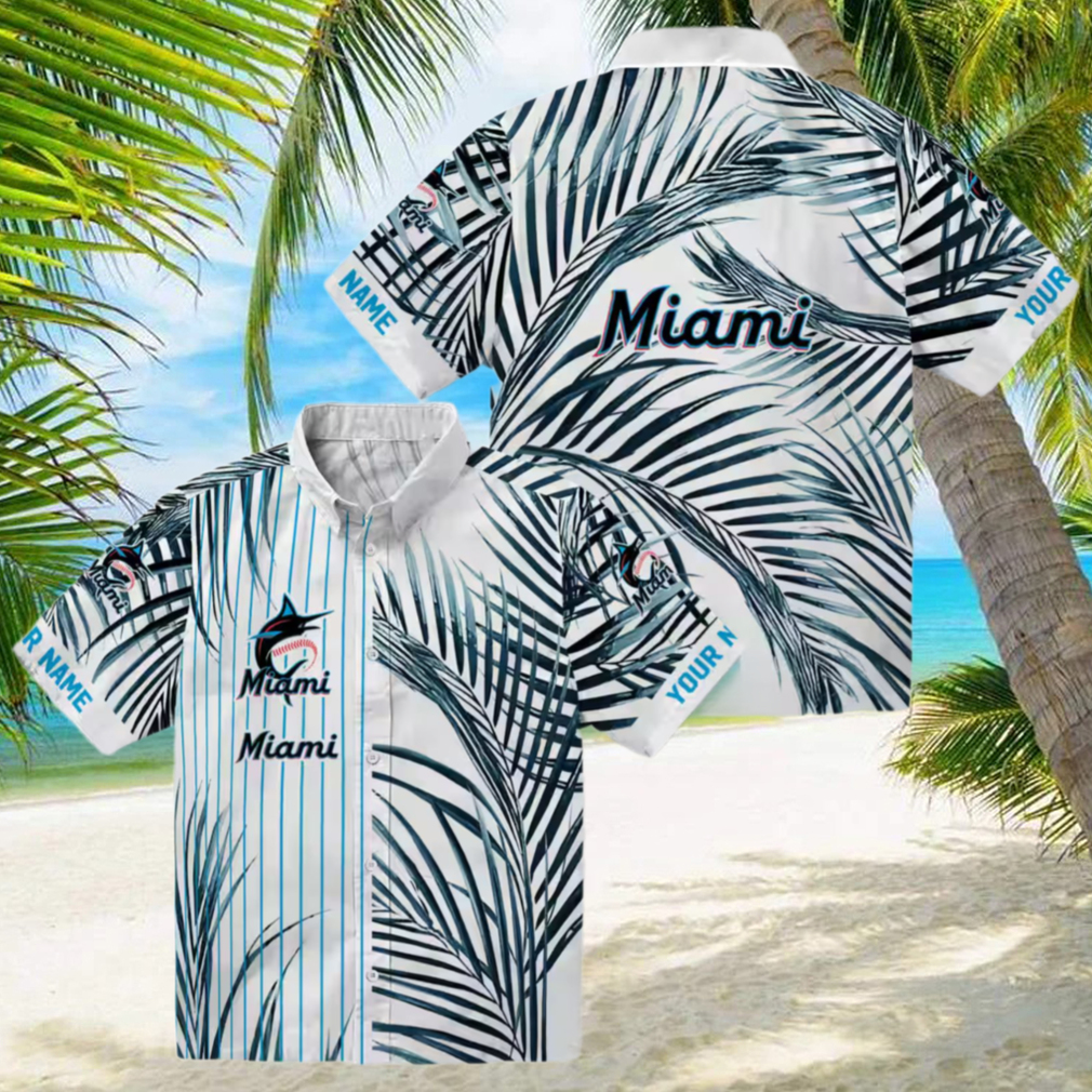Official Miami Marlins MLB Hawaiian Shirt Tropical Blue Black Stripes Official Miami Marlins MLB Hawaiian Shirt Tropical Blue Black Stripes
