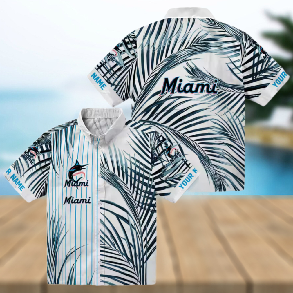 Official Miami Marlins MLB Hawaiian Shirt Tropical Blue Black Stripes Official Miami Marlins MLB Hawaiian Shirt Tropical Blue Black Stripes