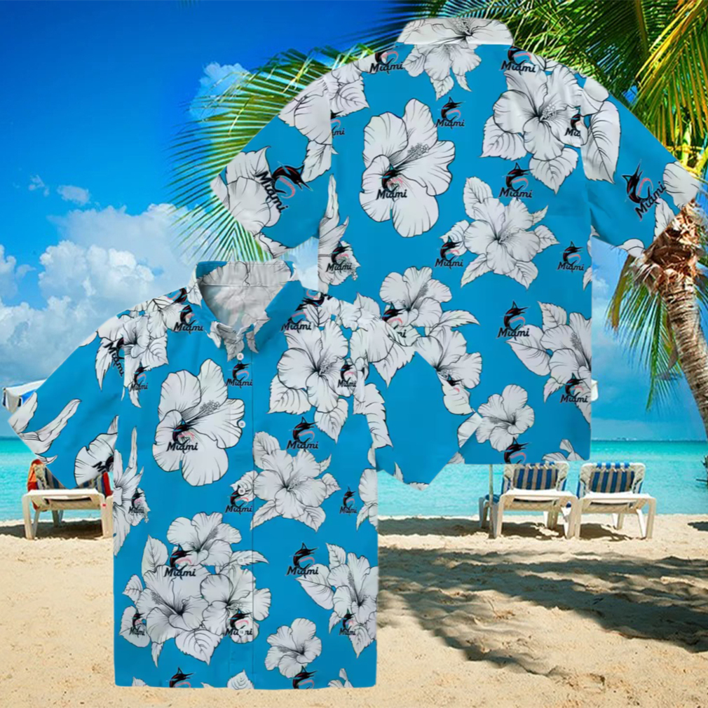 Official Miami Marlins Tropical Aloha Hawaiian Shirt Blue & White Hibiscus Beachwear Official Miami Marlins Tropical Aloha Hawaiian Shirt Blue & White Hibiscus Beachwear