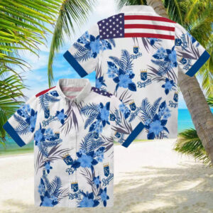 Kansas City Royals Hawaiian Short Sleeve Shirt Patriotic Hibiscus Aloha Summer Blue White