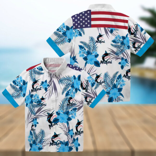 Patriotic Miami Marlins Hawaiian Shirt   Blue & White Hibiscus Floral Print for Summer