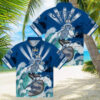 Personalized Tampa Bay Rays Hawaiian Shirt in Navy Blue with Surfing Skeleton Design