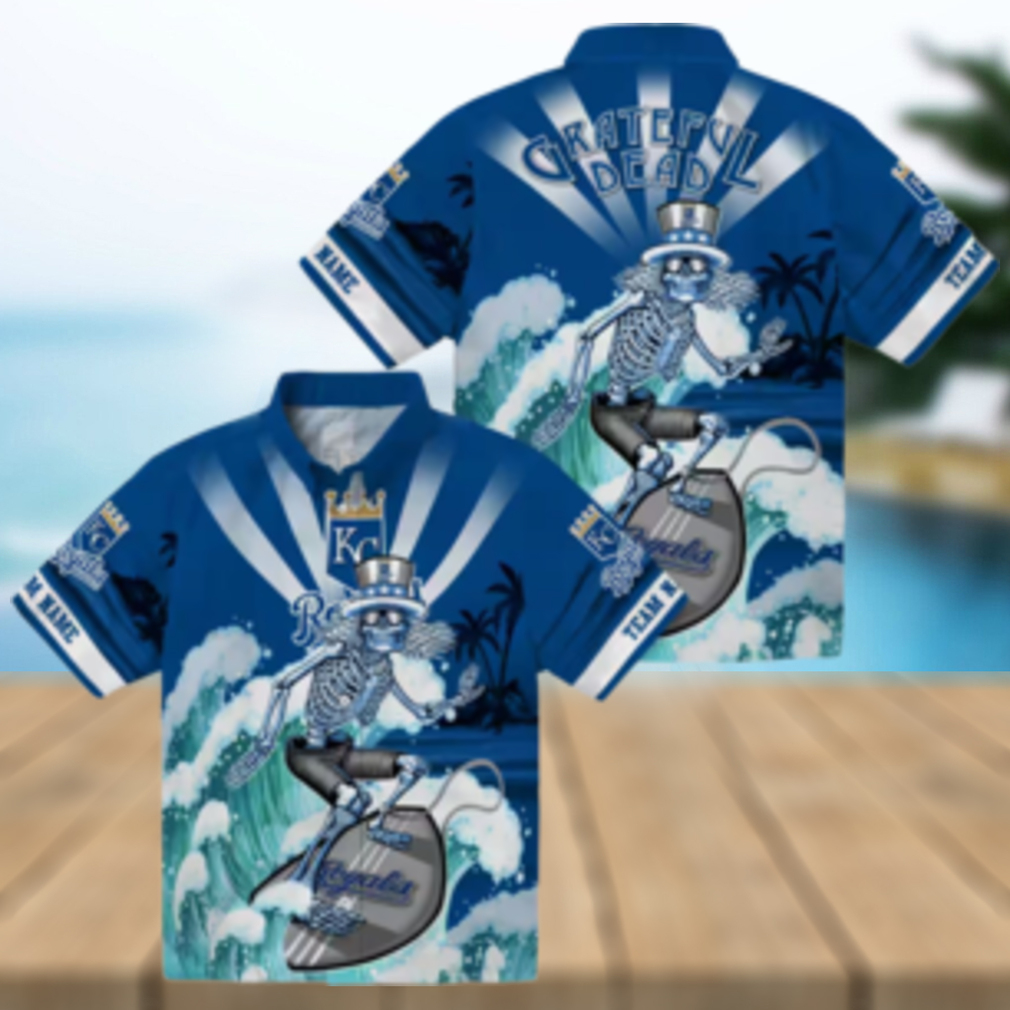 Personalized Kansas City Royals Aloha Hawaiian Shirt Surfing Skeleton & Floral Tropical Design Personalized Kansas City Royals Aloha Hawaiian Shirt Surfing Skeleton & Floral Tropical Design