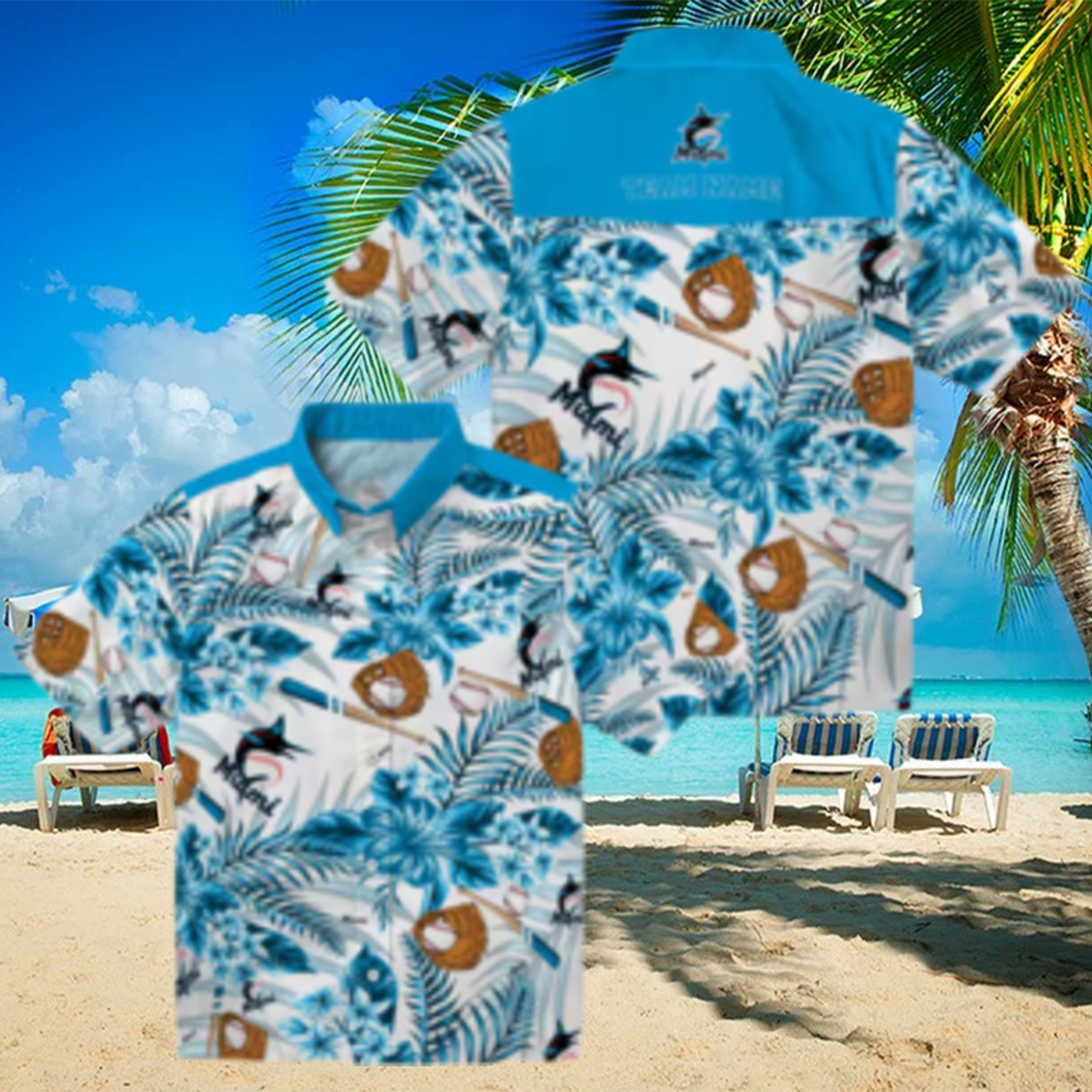 Personalized Miami Marlins Baseball Shirt Blue Floral Button Up for Beach Personalized Miami Marlins Baseball Shirt Blue Floral Button Up for Beach