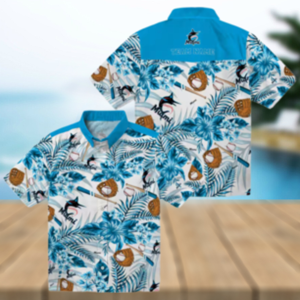Personalized Miami Marlins Baseball Shirt Blue Floral Button Up for Beach Personalized Miami Marlins Baseball Shirt Blue Floral Button Up for Beach