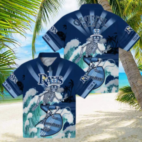 Personalized Tampa Bay Rays Hawaiian Shirt in Navy Blue with Surfing Skeleton Design