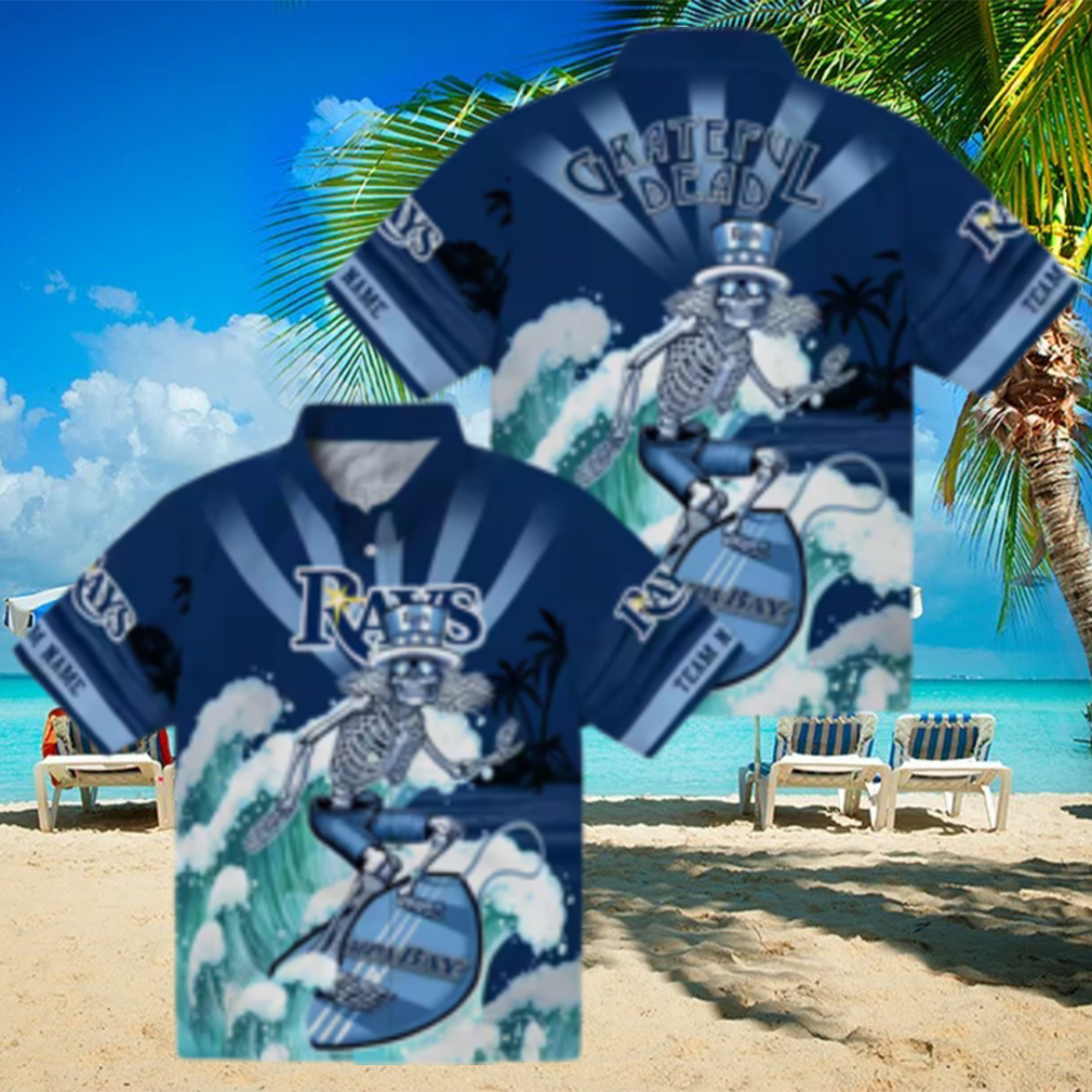 Personalized Tampa Bay Rays Hawaiian Shirt in Navy Blue with Surfing Skeleton Design Personalized Tampa Bay Rays Hawaiian Shirt in Navy Blue with Surfing Skeleton Design