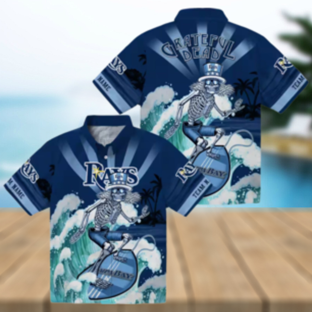 Personalized Tampa Bay Rays Hawaiian Shirt in Navy Blue with Surfing Skeleton Design Personalized Tampa Bay Rays Hawaiian Shirt in Navy Blue with Surfing Skeleton Design