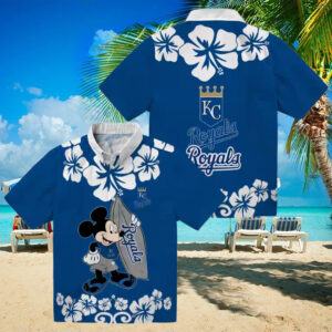 Kansas City Royals Surfing Mickey Hawaiian Shirt   Royal Blue Luau Party Outfit