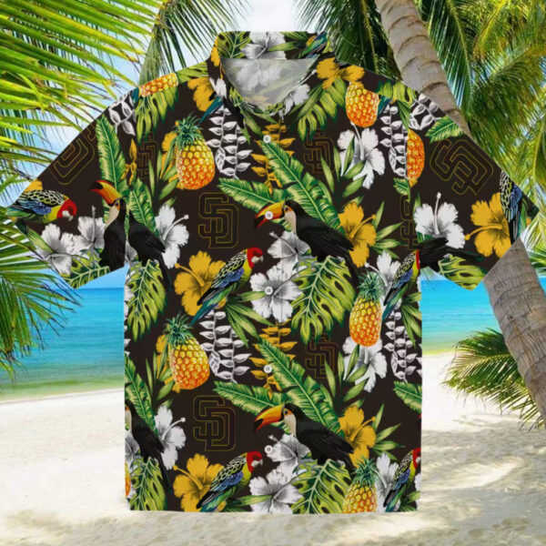 San Diego Padres Aloha Hawaiian Shirt   Tropical Toucan Print in Brown and Green