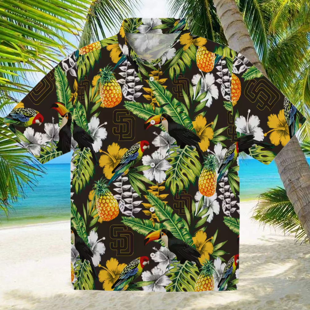 San Diego Padres Aloha Hawaiian Shirt Tropical Toucan Print in Brown and Green San Diego Padres Aloha Hawaiian Shirt Tropical Toucan Print in Brown and Green