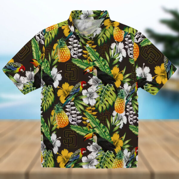 San Diego Padres Aloha Hawaiian Shirt   Tropical Toucan Print in Brown and Green