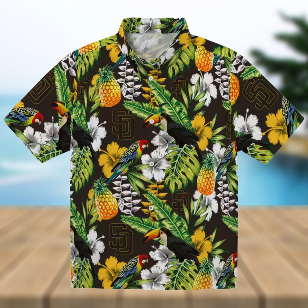 San Diego Padres Aloha Hawaiian Shirt Tropical Toucan Print in Brown and Green San Diego Padres Aloha Hawaiian Shirt Tropical Toucan Print in Brown and Green