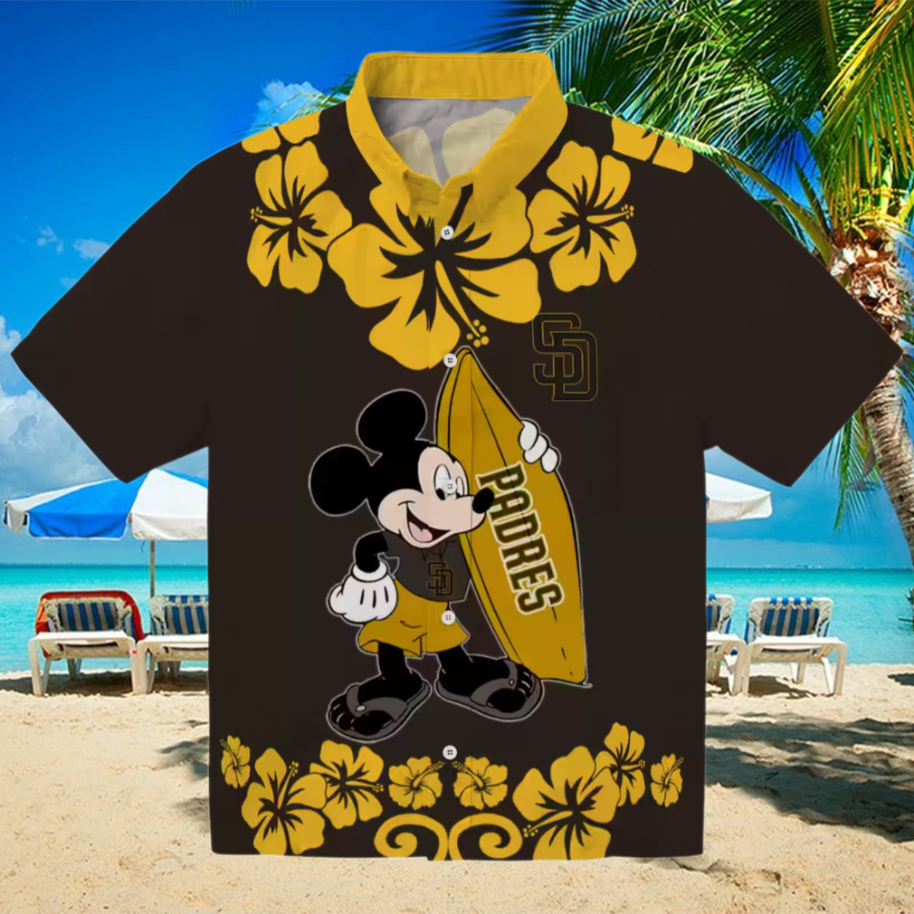 San Diego Padres Aloha Surfing Mickey Shirt Brown Hawaiian Shirt for Summer Fun San Diego Padres Aloha Surfing Mickey Shirt Brown Hawaiian Shirt for Summer Fun
