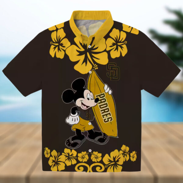 San Diego Padres Aloha Surfing Mickey Shirt   Brown Hawaiian Shirt for Summer Fun