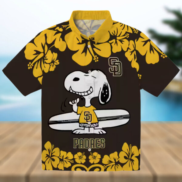 San Diego Padres Brown White Hawaiian Shirt   Snoopy Surf Design for Padres Fans