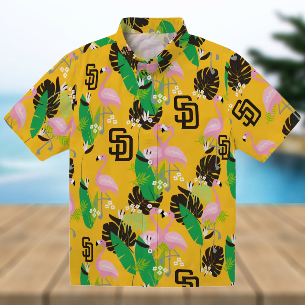 San Diego Padres Button Down Hawaiian Shirt Green Brown Flamingo Aloha Style San Diego Padres Button Down Hawaiian Shirt Green Brown Flamingo Aloha Style