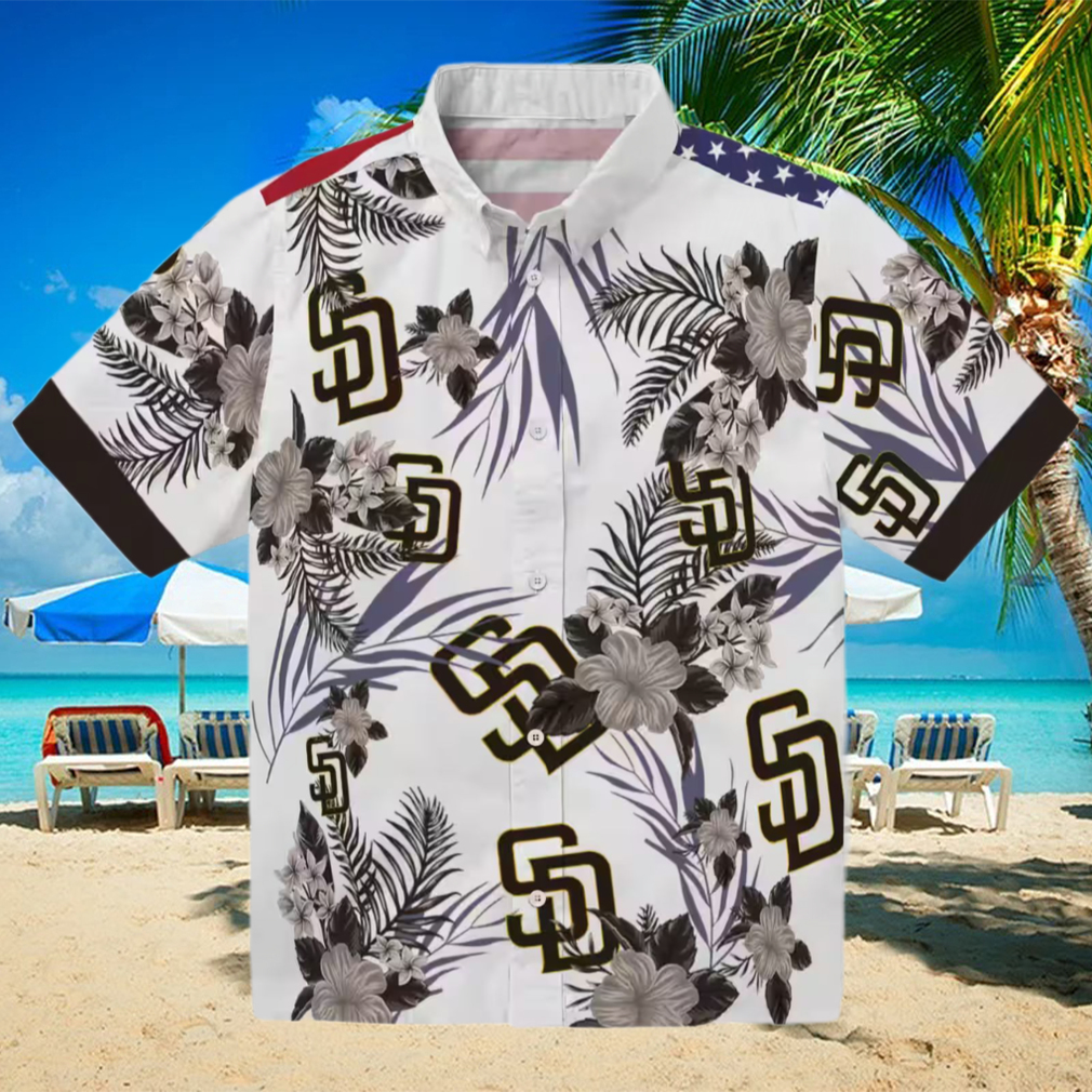 San Diego Padres Hawaiian Shirt Patriotic Hibiscus Print in Brown & White for Padres Fans San Diego Padres Hawaiian Shirt Patriotic Hibiscus Print in Brown & White for Padres Fans