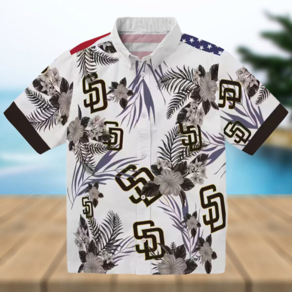 San Diego Padres Hawaiian Shirt   Patriotic Hibiscus Print in Brown & White for Padres Fans