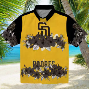 Exclusive San Diego Padres Tropical Hibiscus Stripe Hawaiian Shirt Brown & Black Fan Apparel