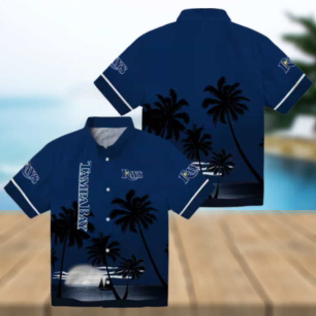 Tampa Bay Rays Summer Casual Shirt Navy Hawaiian Top with Sunset & Beach Print Tampa Bay Rays Summer Casual Shirt Navy Hawaiian Top with Sunset & Beach Print