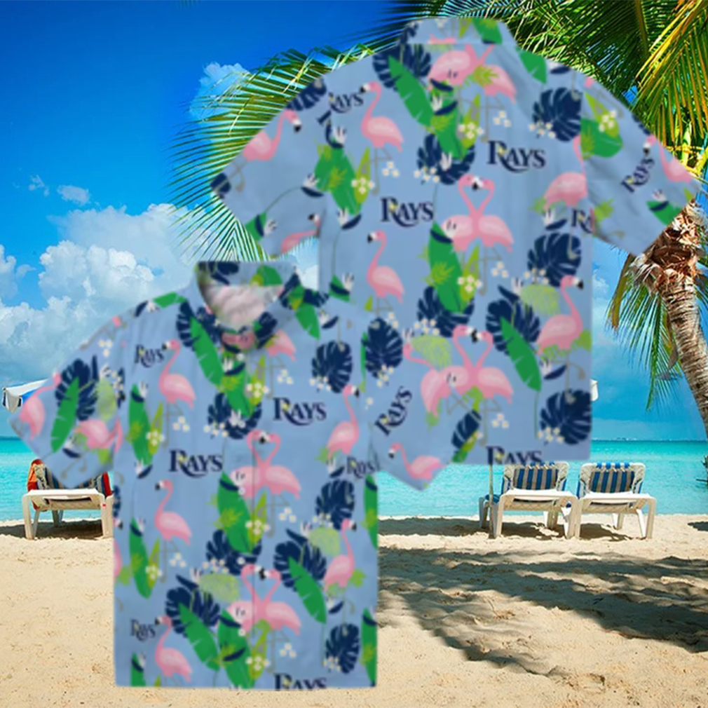 Tampa Bay Rays Tropical Flamingo Hawaiian Shirt in Navy Green Tampa Bay Rays Tropical Flamingo Hawaiian Shirt in Navy Green