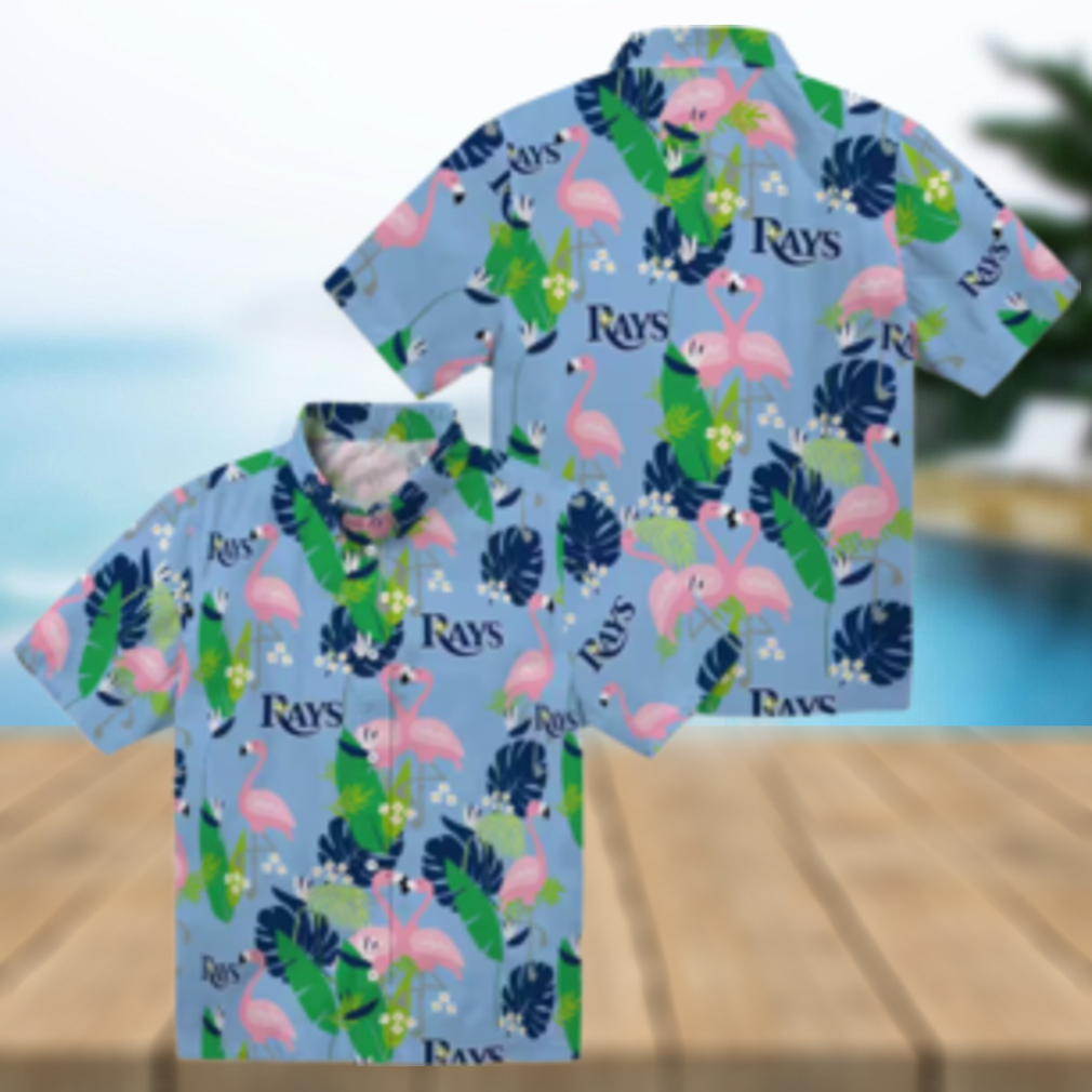 Tampa Bay Rays Tropical Flamingo Hawaiian Shirt in Navy Green Tampa Bay Rays Tropical Flamingo Hawaiian Shirt in Navy Green