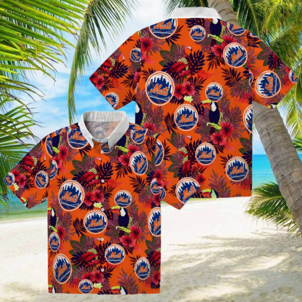 Trendy New York Mets Aloha Hawaiian Shirt   Tropical Floral Toucan Blue & Red Design